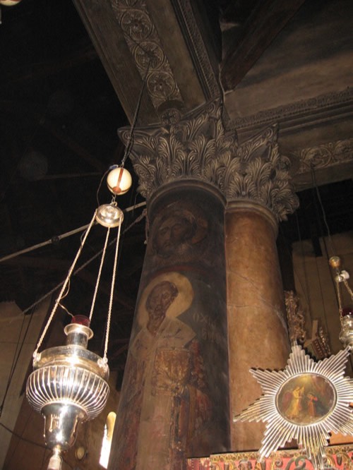 Columns decorated and still remain from the Crusaders.19.5’ polished limestone columns of 325 AD with corinthian capitals covered with frescoes (pigment melted into wax) of the Apostles by Crusaders in 1100 AD