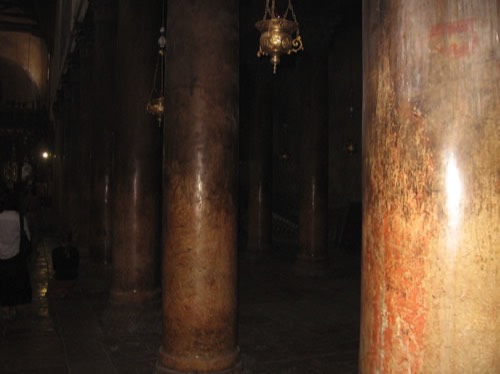 Columns from the days of Constantine in the Church of the Nativity.This church has artifacts in place as they have been for the last 2,000 years. When the Persians destroyed all the churches they spared this one because it had images of the three wisemen who were dressed like the Persians themselves. So, they spared this church.